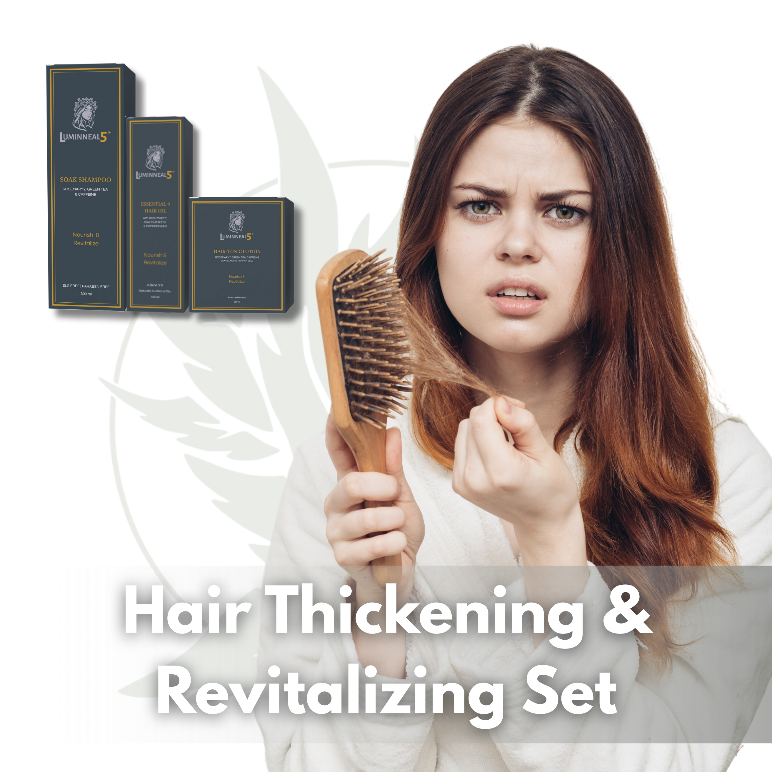 Woman with thinning hair holding a brush, with hair thickening and revitalizing set products displayed.