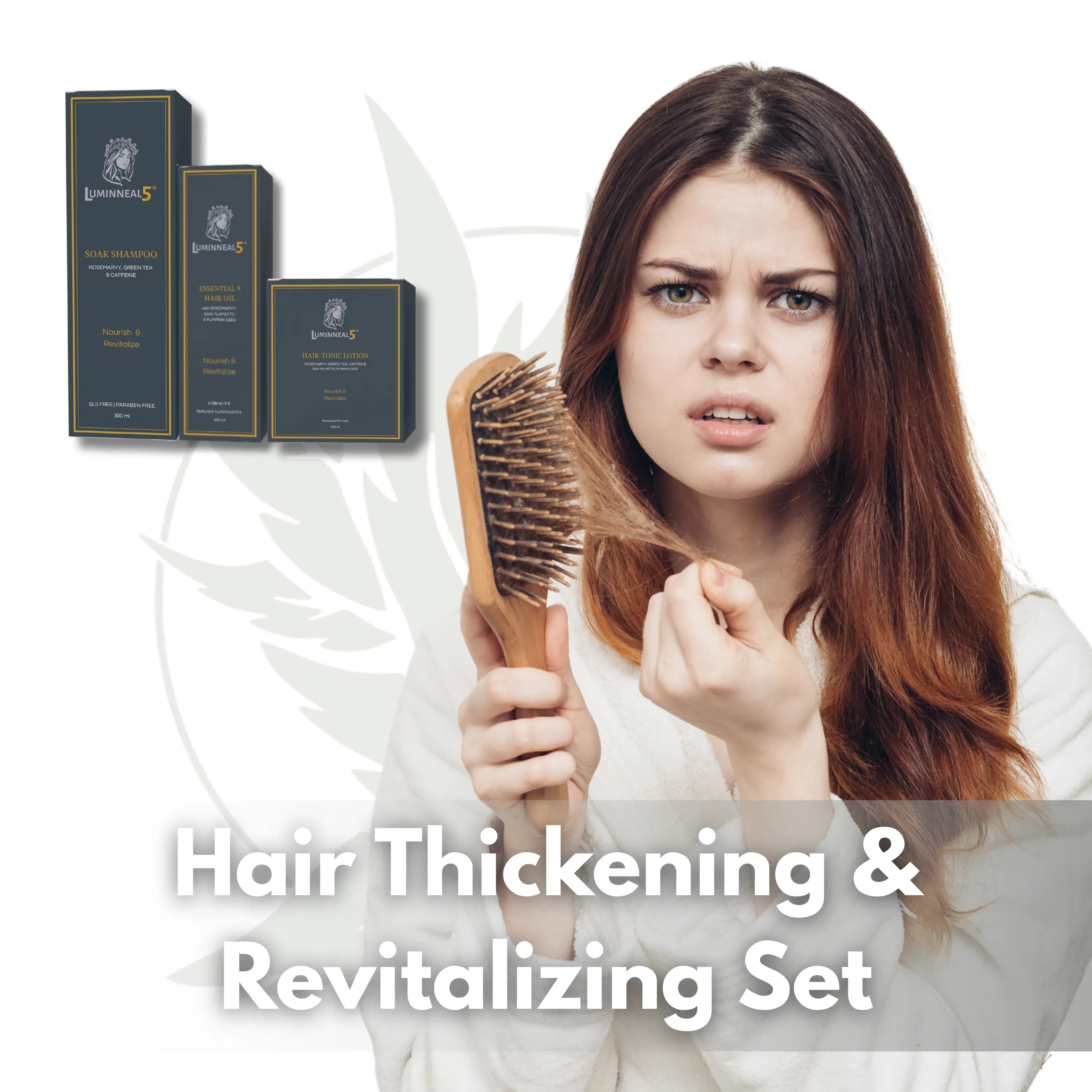 Woman with thinning hair holding a brush, with hair thickening and revitalizing set products displayed. Hair Thickening & Revitalizing Set Hair-Tonic vpwvuf-su.myshopify.com Hair Thickening & Revitalizing Set Hair-Tonic vpwvuf-su.myshopify.com