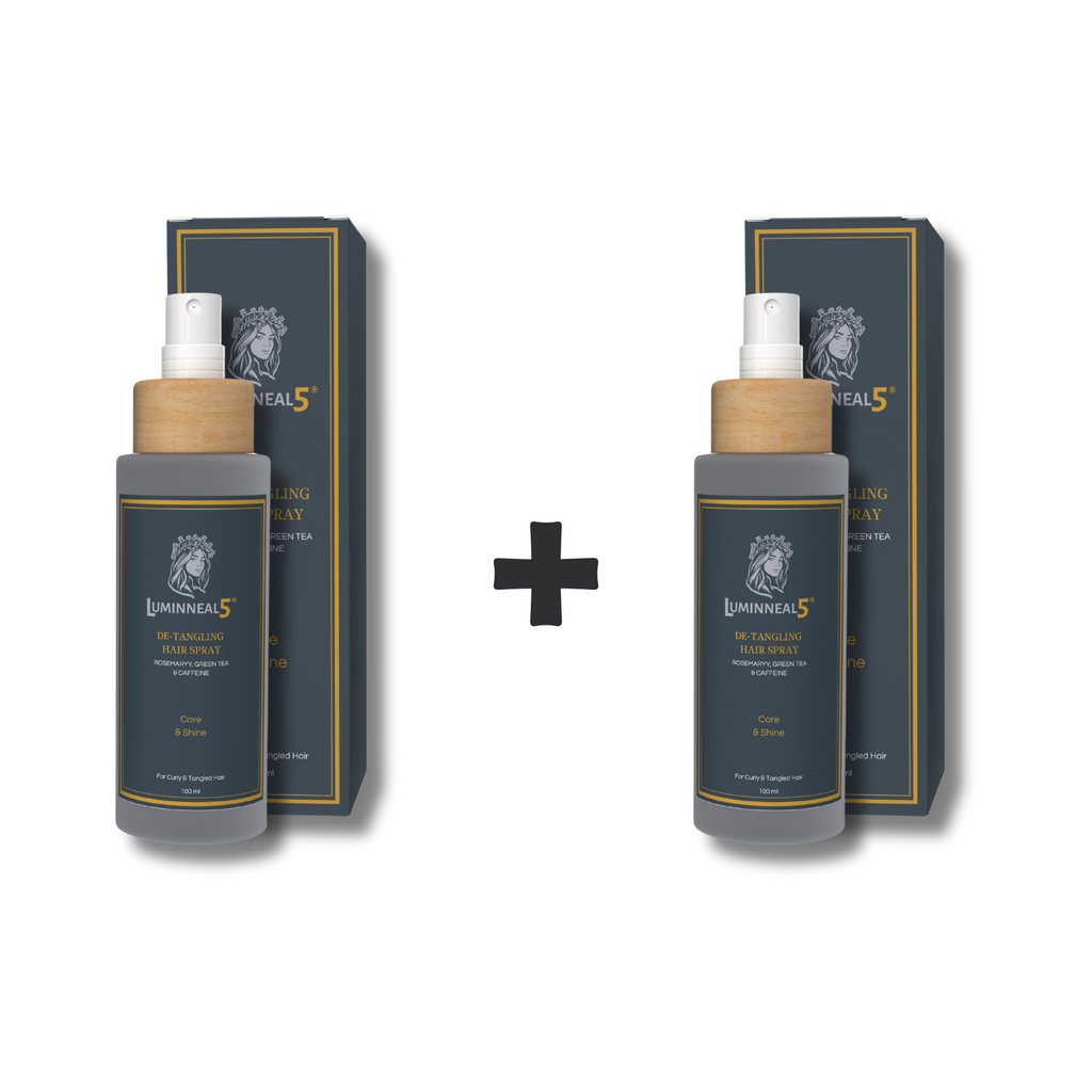 Two bottles of Lumineal5 detangling hair spray with packaging on a white background