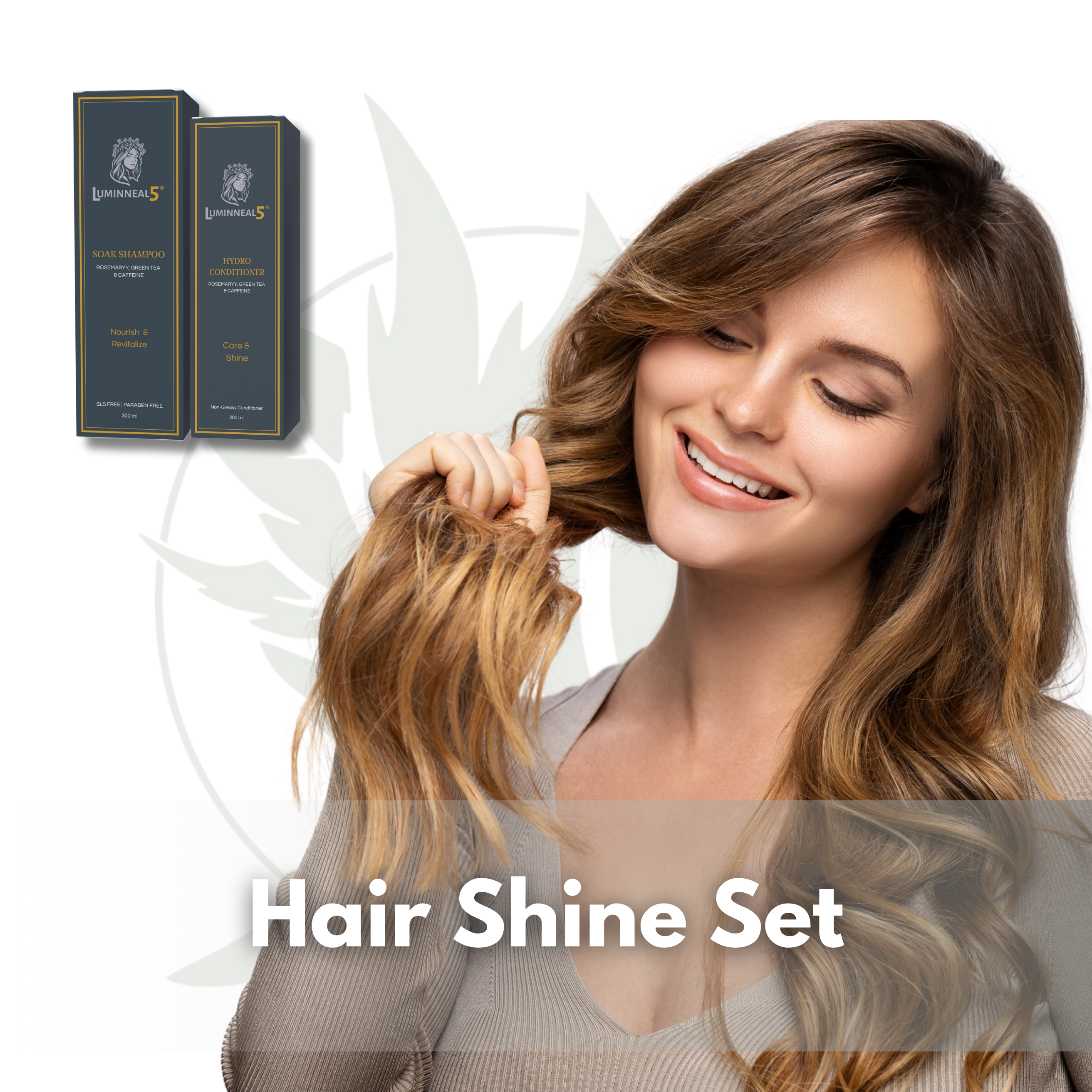 Woman with styled hair holding a section, with two boxes labeled 'Hair Shine Set' in the background.