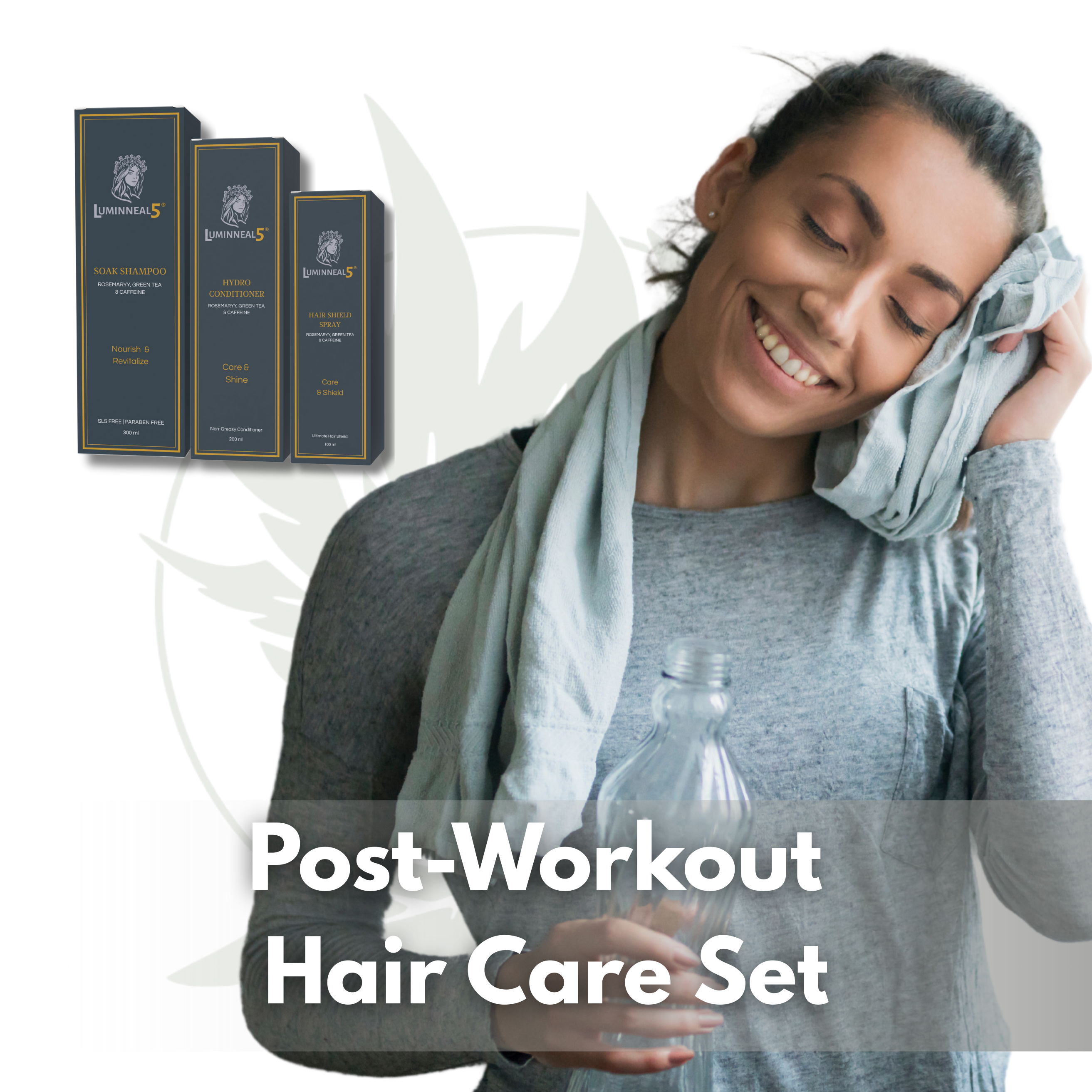 Woman with a towel on her head after a workout, with 'Post-Workout Hair Care Set' text and boxes in the background.