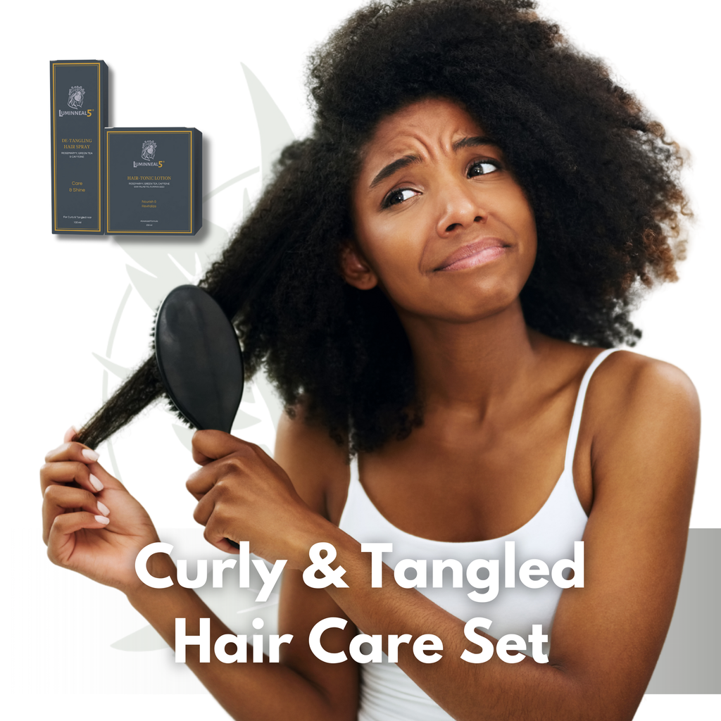 Woman brushing curly hair with text 'Curly & Tangled Hair Care Set' and product packaging.
