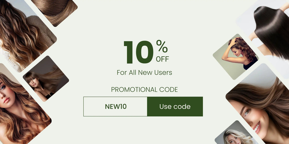 Promotional banner with hair extensions and a 10% discount offer for new users.