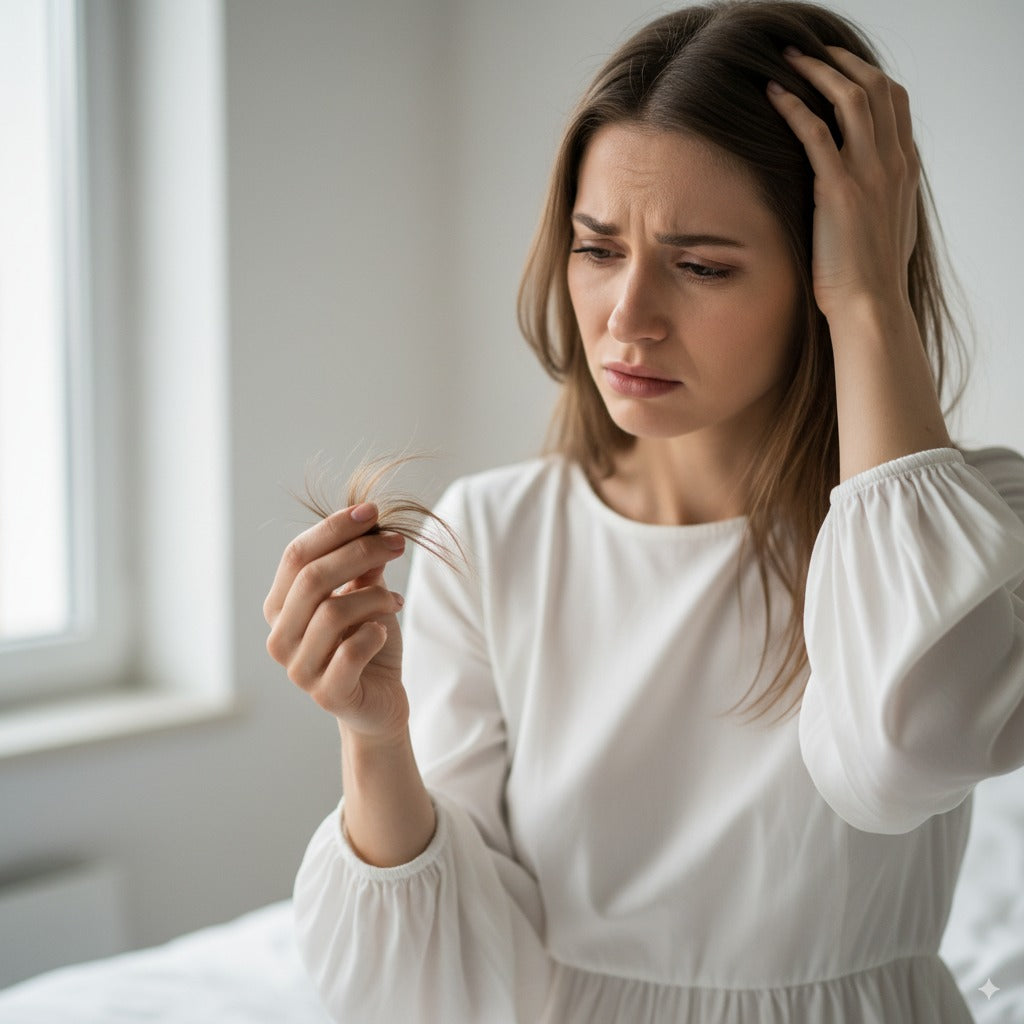Woman holding a strand of hair with a concerned expression indoors.