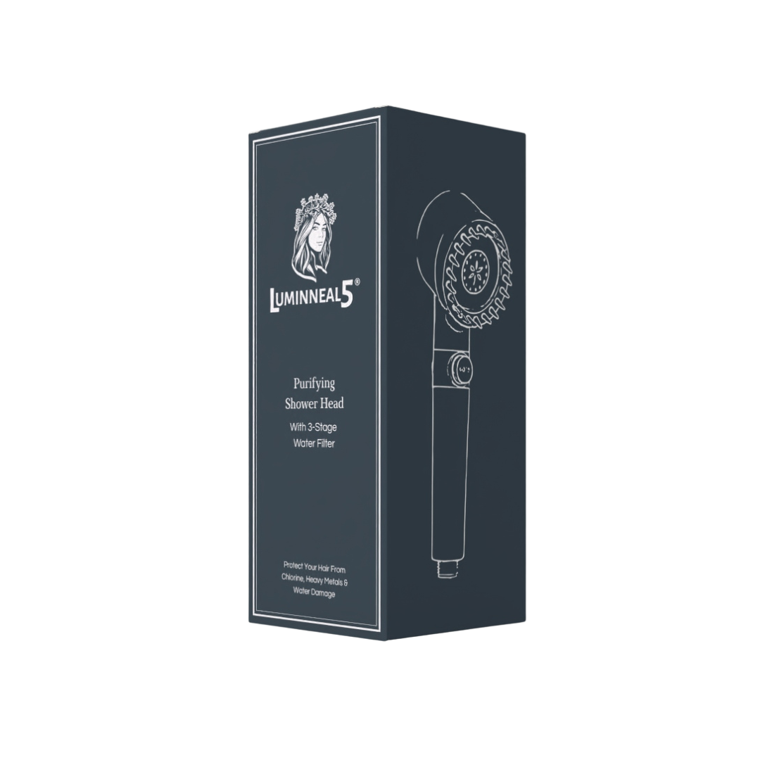 Luminneal5 shower head packaging on a white background