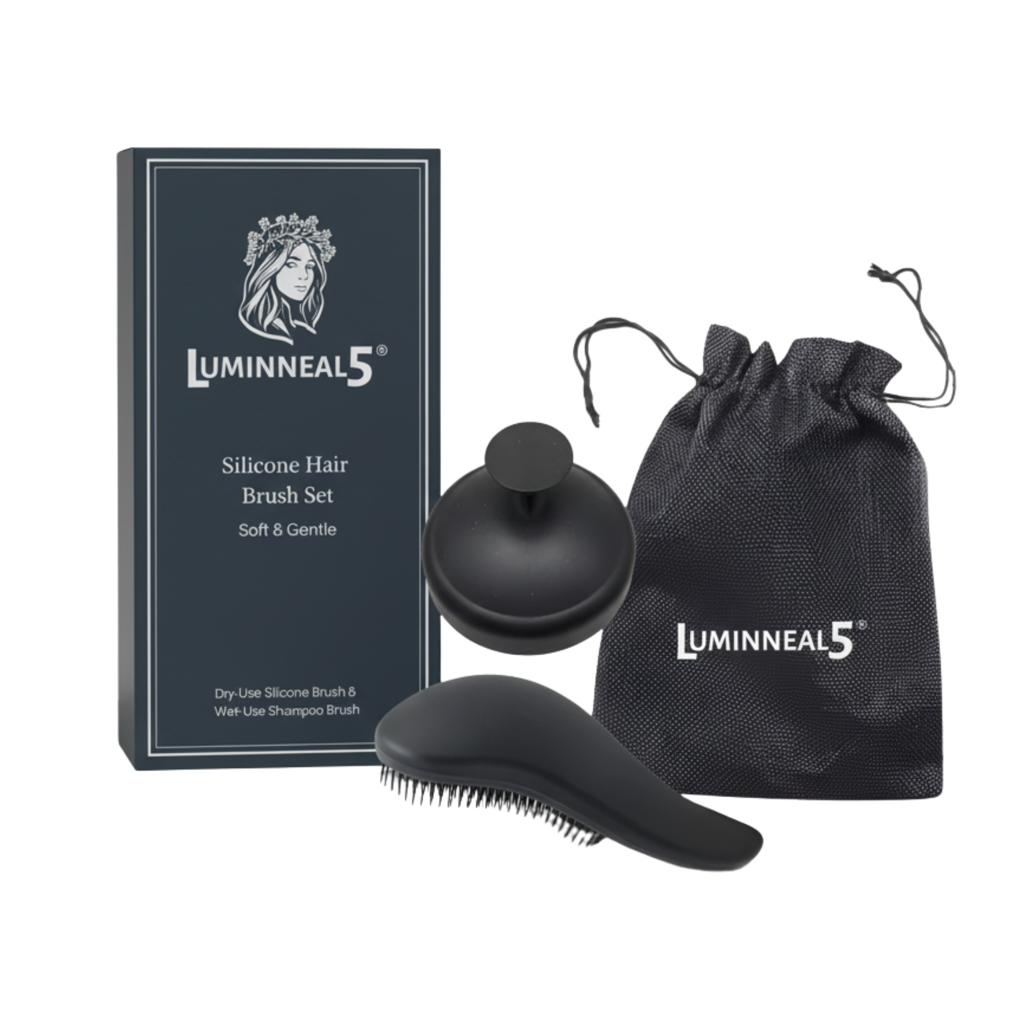 Luminneal5 silicone hair brush set with packaging and drawstring bag on a white background