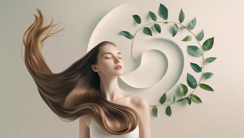 Woman with long brown hair flowing freely, surrounded by green leaves on a beige background