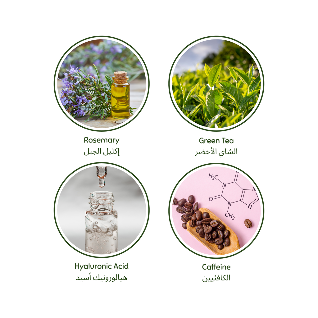 Four circular icons with images and names of rosemary, green tea, hyaluronic acid, and caffeine. Luminneal5 detangling hair  ingredients