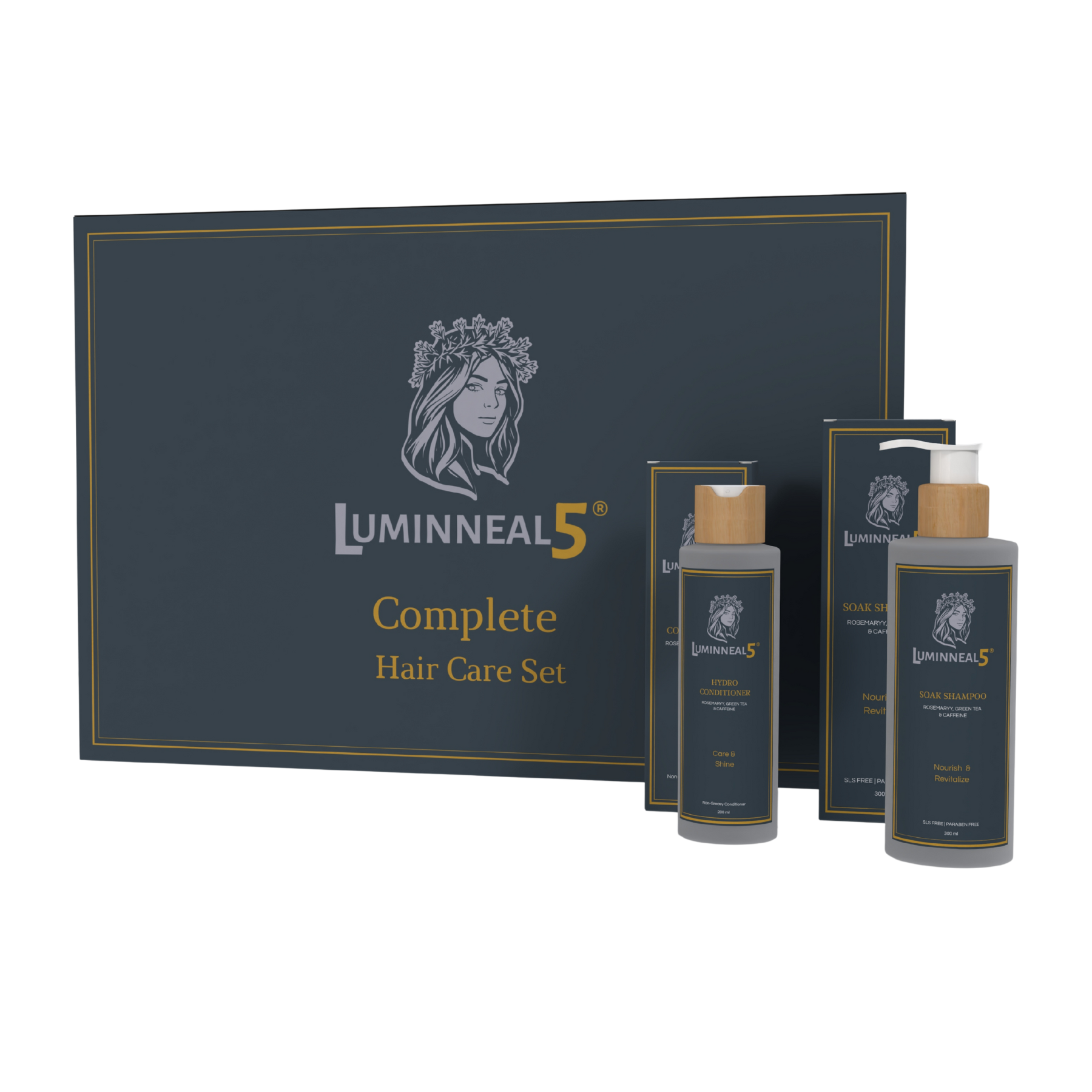 Luminneal5 Complete Hair Care Set with packaging and bottles on a white background (Hair Shine Set)