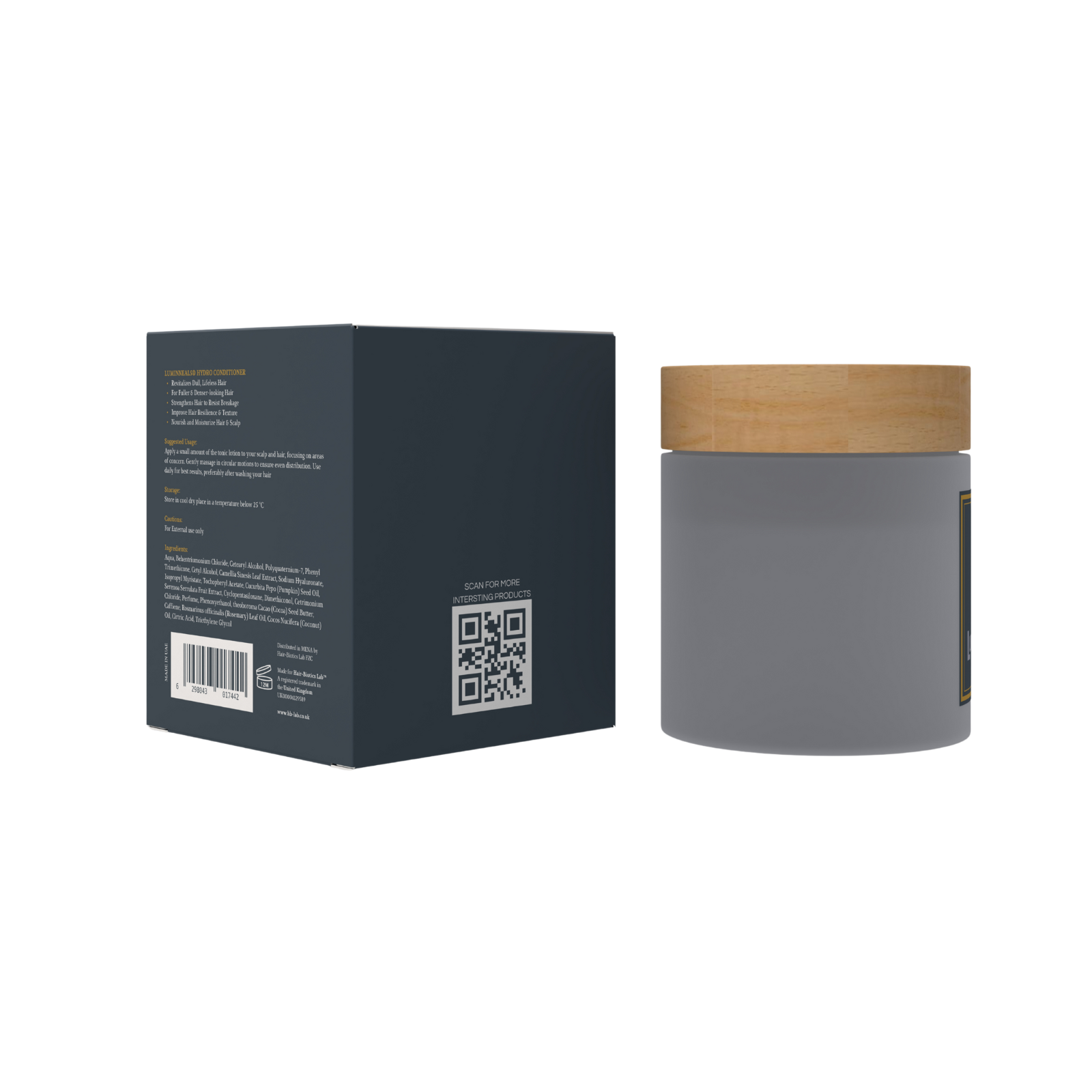 Luminneal5 Hair tonic Lotion jar with wooden lid and matching box on a white background