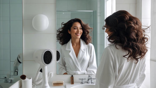 Woman in a white robe looking at herself in the mirror with a hair dryer and toiletries on the counter.